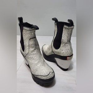 Hunter White Crackle Platform Wedge Chelsea Boots